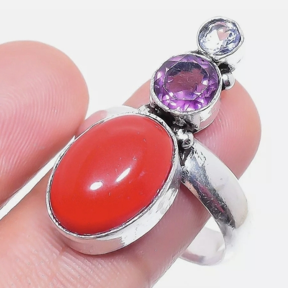 New Red Coral and Amethyst 925 Silver Ring. - Picture 12 of 13
